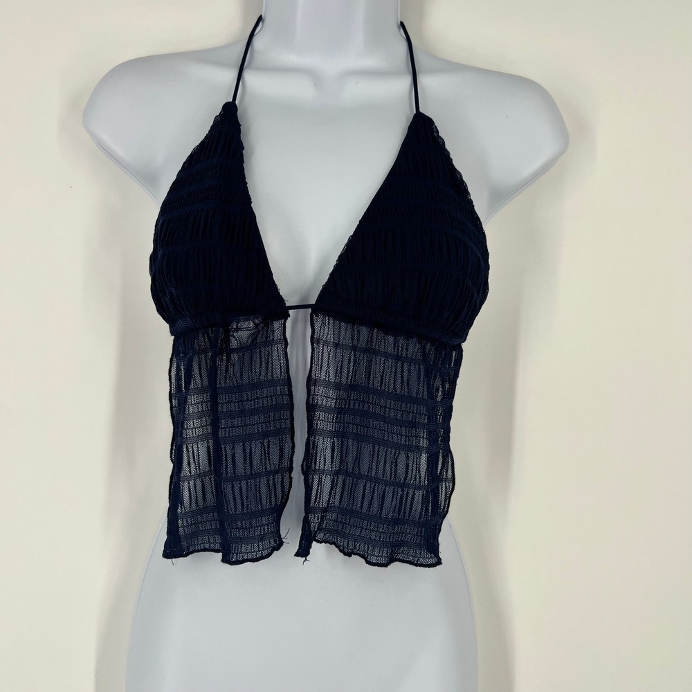 SHEIN‎ ICON Navy Sheer Mesh Top XS Y2K Pleated Halter Festival Baddie Night Out
